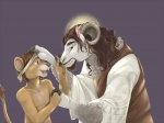 2013 4:3 alternate_species anthro bandage beard blindfold blizzieart bodily_fluids bovid brown_body brown_eyes brown_fur brown_hair caprine claws clothed clothing crying domestic_sheep duo english_text facial_hair felid fur furrification grey_background hair hand_holding happy horn jesus_christ lion lol_comments long_hair male mammal nude open_mouth orange_eyes pantherine pawpads purple_background raised_tail religion robe sheep simple_background size_difference smile tail tears text watermark white_body white_fur