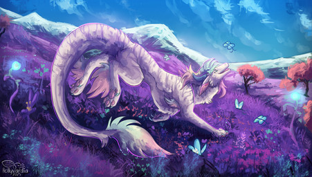 arm_tuft blue_claws blue_horn claws cloud elbow_tuft female feral flower foot_tuft forest fur grass horn mane plant solo tree tuft white_body white_fur hollyvardia faeryn_(faerynkin) hi_res