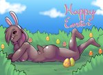 black_sclera breasts brown_body bunny_ear_hat butt easter_egg egg female freckles holidays looking_at_viewer lying_on_grass nipples nude red_eyes solo fourssss easter diamond_(fours) lagomorph leporid mammal rabbit 2024 digital_media_(artwork) hi_res