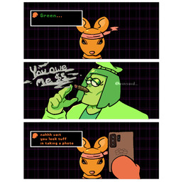accessory ambiguous_anthro ambiguous_gender ambiguous_human anthro boxing_gloves cellphone cigar clothed clothed_ambiguous clothed_human clothing dialogue dialogue_box duo electronics eyelashes green_body green_hair hair handwear headband lidded_eyes orange_body phone plant smartphone smoking smoking_cigar text einsoid deltarune undertale_(series) green_(deltarune) orange_(deltarune) elemental_creature flora_fauna human mammal mouse murid murine rodent artist_name comic english_text meme watermark female_(lore)
