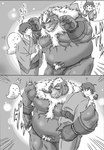 accessory anthro belly body_hair bottomwear bulge chest_hair clothing duo headband loincloth male male/male musclegut muscular navel pawpads pecs suzuapi2 lifewonders tokyo_afterschool_summoners protagonist_(tas) twink_protagonist_(tas) wen_kamui_(tas) bear ghost human mammal spirit monochrome