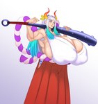 2024 absurd_res areola areola_slip asian_clothing asian_mythology big_breasts breasts cleavage clothed clothing club_(weapon) east_asian_clothing east_asian_mythology female hair hi_res horn horned_humanoid huge_breasts humanoid japanese_clothing japanese_mythology melee_weapon multicolored_hair muscular muscular_female mythology nipple_outline nipples one_piece side_boob solo sundown_(artist) two_tone_hair weapon yamato_(one_piece) yokai