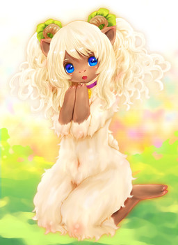 anthro bell blue_eyes blush collar female fur horn naturally_censored navel open_mouth simple_background sitting solo surprised wool_(fur) tetetor-oort bovid caprine goat mammal 2015 hi_res