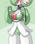 airalin bdsm blush bondage bottomwear bound breasts clothing collar fan_character female gardevoir generation_3_pokemon hi_res humanoid jolly_gardevoir_(limebreaker) leash limebreaker nintendo not_furry pokemon pokemon_(species) skirt solo