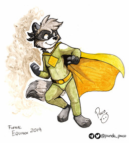 anthro barefoot black_mask black_nose black_tail cape closed_smile clothed clothing fangs feet fur green_clothing grey_body grey_fur grey_hair grey_tail hair hero logo male male_anthro markings mouth_closed short_hair simple_background smile solo striped_markings striped_tail stripes tail tail_markings teeth white_body white_fur yellow_cape yellow_clothing young young_anthro young_male pandapaco mammal procyonid raccoon 2019 artist_logo dated signature