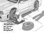 anthro car clothed clothing female fully_clothed fur kneeling silhouette solo text vehicle judyhopps44 disney inktober inktober_2020 nissan_skyline zootopia skye_(zootopia) arctic_fox canid canine fox mammal true_fox 2020 4:3 english_text hi_res monochrome