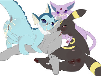 animal_ears anus bestiality black_body black_skin blue_body blue_skin bodily_fluids butt cum cum_in_vagina cum_inside cum_on_butt cum_on_face fellatio female female_feral feral feral_penetrated fin genital_fluids genitals glistening glistening_body glistening_butt glistening_skin group human_on_feral human_penetrating human_penetrating_feral interspecies licking licking_lips male oral penetration penile penis purple_body purple_skin sex tail tongue tongue_out vulva skeleton265 nintendo pokemon eeveelution espeon generation_1_pokemon generation_2_pokemon human mammal pokemon_(species) umbreon vaporeon hi_res