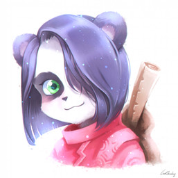anthro backpack black_body black_fur black_hair black_nose blush clothing female fur green_eyes hair hair_over_eye looking_at_viewer pink_clothing pink_shirt pink_topwear scroll shirt short_hair simple_background smile solo topwear white_background young young_anthro young_female lw_goombang blizzard_entertainment warcraft li_li_stormstout bear mammal pandaren 2018 colored digital_drawing_(artwork) digital_media_(artwork) portrait signature