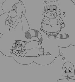 anthro clothed clothing food food_fetish imagination machine male overweight popsicle suggestive suggestive_food swimming_trunks swimwear topless asterixknox robot_dreams rascal_(robot_dreams) robot_(robot_dreams) mammal procyonid raccoon robot monochrome