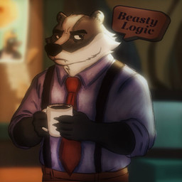 anthro beverage black_body black_fur black_nose bottomwear clothing coffee container cup dialogue fur male mug necktie pants shirt solo standing suspenders text topwear white_body white_fur nickdrawing beastly_crimes beastly_crimes_(2024) chief_badger badger mammal mustelid musteline 1:1 2026 english_text