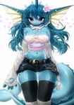 anthro armwear big_tail blue_body blue_hair blue_skin blush blush_lines bottomwear braided_hair breasts clothing eyebrow_through_hair eyebrows eyelashes female fin fin_piercing flower_accessory furgonomics furry-specific_piercing hair heart_symbol jewelry legwear looking_at_viewer navel necklace pawpads piercing purple_eyes shorts simple_background solo tail translucent translucent_hair maimoonrabbit nintendo pokemon eeveelution generation_1_pokemon pokemon_(species) vaporeon 2025 hi_res signature