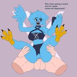 1:1 anon anthro around_drum avian balls beak big_breasts blue_body bottomwear breasts cellphone cleavage clothed clothing dialogue disinterested_sex duo electronics english_text feet female female_penetrated genitals hands_on_legs hands_on_thighs holding_cellphone holding_object holding_phone human male male/female male_human mammal meme obscured_face penetration penis phone pussy sex talons text toes torn_bottomwear torn_clothing tweetfur twitter winged_arms wings x_(social_media)
