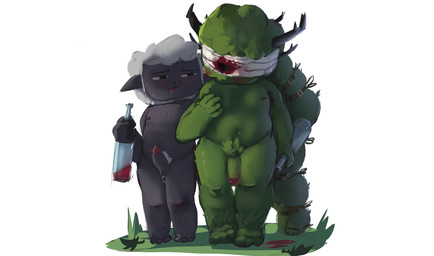anthro belly bodily_fluids dripping drunk duo genital_fluids male male/male precum precum_drip slightly_chubby substance_intoxication young sundevu cult_of_the_lamb massive_monster_(studio) lamb_(cult_of_the_lamb) leshy_(cult_of_the_lamb) hi_res