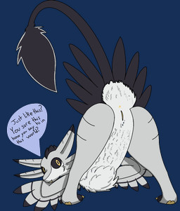 anthro anus ass_up biped black_body black_feathers black_sclera butt claws digitigrade feathers feet genitals multi_ear naive paws presenting presenting_anus presenting_hindquarters presenting_vulva solo tail tail_feathers talons text thin_tail toes tongue vulva white_body white_feathers winged_arms wings yellow_eyes yellow_flesh yellow_paws yellow_tongue yellow_vulva anonymous_artist sevrynn_the_anchor alpha_channel english_text hi_res