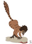 ambiguous_gender anthro arm_feathers ass_up blood blood_in_mouth blood_on_face bodily_fluids brown_body brown_feathers brown_hair butt claws corpse death duo eating feathers female hair hard_vore looking_at_viewer scales sickle_claw simple_background striped_body stripes tail tail_feathers tan_body tan_feathers thick_thighs toe_claws toony vore white_background x_eyes yellow_eyes sanstitre2000 dinosaur feathered_dinosaur feathered_scalie human mammal prehistoric_species reptile scalie theropod troodon troodontid absurd_res hi_res