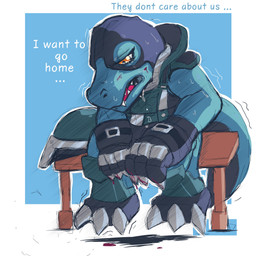 anthro armor blood blood_on_claws blood_on_face bodily_fluids depression digital_camo headgear helmet looking_down male mask orange_eyes shaking sitting solo sweat tears text trembling leafy97 bandai_namco digimon digimon_beatbreak commandramon digimon_(species) scalie 1:1 absurd_res english_text hi_res