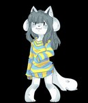 4_ears anthro biped clothing front_view grey_hair hair multi_ear pattern_clothing pattern_topwear simple_background solo standing striped_clothing striped_topwear stripes sweater_dress topwear transparent_background white_body undertale undertale_(series) temmie_(undertale) mammal tem alpha_channel digital_media_(artwork) full-length_portrait portrait