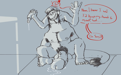 balls big_penis bodily_fluids caught_off_guard floppy_penis genital_fluids genitals hair humanoid_genitalia humanoid_penis leaking_precum male male_taur not_furry nude penis precum pubes sex_toy simple_background smile solo surprised text calurk humanoid_taur multi_taur taur absurd_res digital_media_(artwork) english_text hi_res