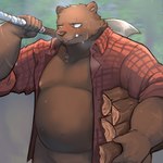 anthro axe belly big_belly blush bodily_fluids brown_body clothed clothing kemono lumber lumberjack male moobs musclegut muscular nipples open_clothing open_shirt open_topwear overweight overweight_male shirt solo sweat topwear tappe124 bear mammal 1:1 2023 absurd_res hi_res