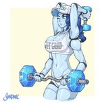 4_arms barbell blue_body blue_hair breasts clothing doll doll_joints dumbbell exercise female hair hat headgear headwear multi_arm multi_limb navel not_furry one_eye_closed solo weightlifting weights workout shardanic elden_ring fromsoftware ranni_the_witch animate_inanimate humanoid living_doll 1:1