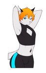 anthro blue_eyes blush blush_lines bottomwear bulge clothed clothing crop_top fingerless_(marking) gesture gloves_(marking) hair hands_behind_head jacket keyhole_clothing looking_at_viewer male markings orange_hair shirt shorts solo topwear white_body siamkhan quinn_ink felid hybrid mammal 5:8 absurd_res hi_res