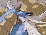 ambiguous_gender armor blue_body brown_eyes claws close-up feral headgear helmet pink_nose shin_guards simple_background smile solo whiskers hijirinoyuta nintendo pokemon generation_5_pokemon pokemon_(species) samurott 2019 digital_media_(artwork) shaded