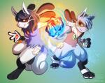 anthro black_body black_fur blue_body blue_fur duo female fur male red_eyes smile haychel nintendo pokemon yzi_(din) zama_(din) canid canine dewott generation_4_pokemon generation_5_pokemon generation_6_pokemon hybrid lucario mammal meowstic pokemon_(species)