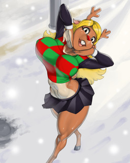 anthro antlers big_breasts blonde_hair breasts crotch_tuft eyelashes female freckled_face freckled_tail freckles hair horn long_eyelashes long_hair looking_at_viewer markings outside red_nose smile snow solo spot_freckles spots spotted_markings spotted_tail tail tail_markings tuft hamili deltarune undertale_(series) noelle_holiday deer mammal new_world_deer reindeer absurd_res hi_res