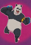 anthro belly big_belly biped black_body black_fur black_nose fur heart_symbol humanoid_hands kemono overweight simple_background solo text white_body kamui_shirow jujutsu_kaisen panda_(jujutsu_kaisen) bear giant_panda mammal 2023 hi_res