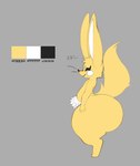 big_butt butt grey_background height huge_butt huge_thighs male pubes simple_background smile solo thick_thighs whiskers yellow_body ic0nmon icon_(ic0nmon) canid canine fox mammal hi_res model_sheet