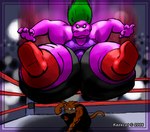 anthro big_breasts big_butt boots bottomwear breasts butt butt_drop clothed clothing common duo female footwear fur green_hair hair huge_breasts huge_butt male obese obese_anthro obese_female orange_body orange_fur overweight overweight_anthro overweight_female purple_body shoes size_difference tail thick_thighs topwear wrestling kazecat bertha_(kazecat) kazecat_(character) common_hippopotamus domestic_cat felid feline felis hippopotamid mammal 2006 digital_media_(artwork)