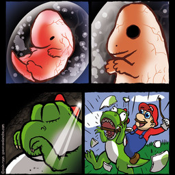 blue_eyes brown_hair egg facial_hair feral fetus hair humor male mustache riding straddling the_truth yoshi_egg space_avalanche mario_bros nintendo mario dinosaur green_yoshi human mammal prehistoric_species reptile scalie yoshi comic