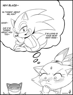 anthro blush blushing_profusely dialogue female group hair head_in_hand hero humor looking_at_viewer male male/female nervous ponytail princess royalty smile text thinking_about_another thinking_pose thought_bubble labluarts sega sonic_the_hedgehog_(series) blaze_the_cat marine_the_raccoon sonic_the_hedgehog domestic_cat eulipotyphlan felid feline felis hedgehog mammal procyonid raccoon comic english_text hi_res monochrome