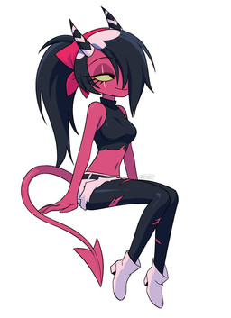 black_hair breasts clothed clothing eye_scar eyelashes facial_scar female hair horn medium_breasts ponytail red_body red_skin scar simple_background solo spade_tail tail white_background yellow_sclera enaic31 hellaverse helluva_boss sallie_may_(helluva_boss) demon demon_humanoid humanoid imp absurd_res hi_res trans_(lore) trans_woman_(lore)