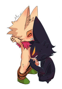 anthro biped black_body black_fur blush bottomwear bottomwear_down clothed clothing duo erection fingers footwear fur genitals hollow_eyes male male/male nude_male oral orange_eyes penile penis shoes simple_background smile tan_body tan_fur teeth topless white_background dapong league_of_legends riot_games tencent teemo_(lol) veigar yordle hi_res