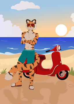 anthro beach bottomwear clothed clothing crossed_arms detailed_background eyewear footwear fur light male motorcycle orange_body orange_fur outside sandals sea shoes shorts smile solo striped_body striped_fur stripes sunglasses sunlight sunset topless topless_male vehicle water neograf i_think_i_like_you red_(i_think_i_like_you) felid mammal pantherine tiger hi_res