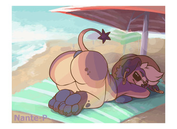 4_toes anthro barefoot beach beach_towel bikini butt butt_focus claws clothing ear_piercing ear_ring eyewear feet feet_together female flesh_tunnel gauged_ear hair hat headgear headwear light looking_at_viewer looking_back looking_back_at_viewer lying multicolored_body orange_body pawpads paws piercing presenting presenting_hindquarters purple_body raised_tail rear_view ring_piercing sea seaside shaking_butt shortstack smile smiling_at_viewer solo star_tipped_tail sunglasses sunlight swimwear tail toe_claws toes towel two-piece_swimsuit umbrella water white_hair wide_hips yellow_body nante-p canid canine canis domestic_dog mammal animated animated_gif short_playtime