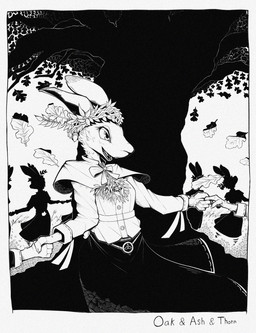 anthro bow_ribbon clothing dancing dress female flower flower_crown fur group hand_holding leaf open_mouth plant shirt tail topwear gompami hare lagomorph leporid mammal absurd_res hi_res monochrome