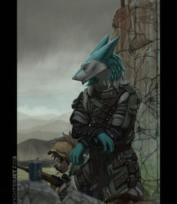 ammo_belt armor beverage blue_eyes blue_hair can cigarette clothing cloud coat concrete container cracks crossed_arms detailed_background dreadlocks duo floppy_ears food fur fur_trim_(clothing) green_body green_fur gun hair looking_down male outside post-apocalyptic ranged_weapon rifle rubble ruins scope serious sky smoke smoking stone_wall topwear wall_(structure) weapon fighterjet souladder canid canine mammal sergal hi_res letterbox