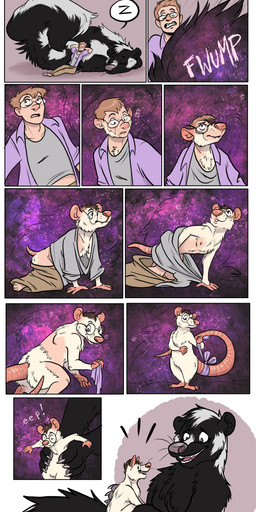 accessory anthro big_tail bottomwear bow_(feature) bow_accessory bow_ribbon clothing cuddling duo eyewear fluffy fluffy_tail furgonomics glasses growth male nude pants plantigrade ribbons shirt shrinking size_difference size_transformation sleeping snout snout_growth tail tail_accessory tail_bow tail_growth tail_nub tail_ribbon topwear transformation bubbeh american_opossum human mammal marsupial mephitid skunk absurd_res hi_res