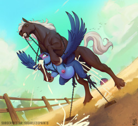 anthro anthro_on_feral anthro_penetrated bdsm bestiality blue_body blush bodily_fluids bondage bound breasts brown_body cum cum_from_mouth cum_in_mouth cum_inflation cum_inside cum_through detailed_background duo feathered_wings feathers female female_penetrated feral feral_penetrating feral_penetrating_anthro genital_fluids inflation male male/female male_penetrating nude outside penetration penile penile_penetration sex wings sugarlesspaints avian bird equid equine horse mammal 2026 hi_res
