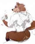 anthro beverage big_butt bottomless butt clothed clothing coffee food looking_at_viewer male muscular muscular_anthro muscular_male solo bcokami canid canine canis domestic_dog mammal