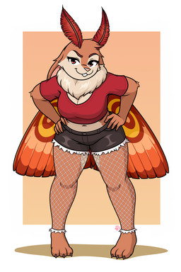 anthro bottomwear clothing crop_top female fishnet_clothing fishnet_legwear fluffy fluffy_chest insect_wings legwear paws red_eyes sassy shirt shorts simple_background smile smirk solo topwear wings lady_gwenifur arthropod insect lagomorph lepidopteran leporid mammal moth rabbit 2:3