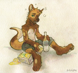 3_toes 4_fingers anthro barefoot beverage biped bottle bottomwear brown_body brown_fur brown_nose carton clothed clothing container cup drunk fangs feet fingers food fur holding_bottle holding_container holding_cup holding_object inner_ear_fluff looking_aside looking_at_viewer male open_mouth pants rolled_up_sleeves sitting solo substance_intoxication teeth toes topless tuft sicklyhypnos calem_(ruddrbtt) african_wild_dog canid canine hybrid mammal mustelid otter traditional_media_(artwork)