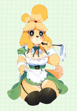 anthro black_eyes blonde_hair blush bottomwear bow_panties bow_tie bow_underwear breasts cleavage clothed clothing clothing_lift dipstick_tail eyebrow_through_hair eyebrows eyelashes female fur garter_straps hair kneeling legwear maid_uniform markings panties panty_peek shirt_cuffs skirt skirt_lift solo tail tail_markings thick_thighs thigh_highs translucent translucent_hair underwear uniform yellow_body yellow_fur punipaws animal_crossing nintendo isabelle_(animal_crossing) canid canine canis domestic_dog mammal shih_tzu toy_dog 2025 hi_res