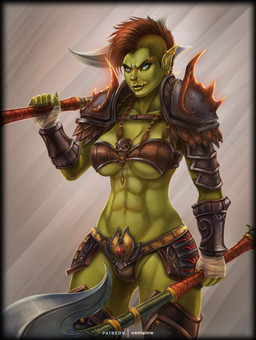 abs armor big_breasts blue_eyes bone braided_hair breasts brown_hair clothed clothing ear_piercing eyebrow_piercing facial_piercing female green_body green_skin hair hand_wraps holding_object holding_weapon lip_piercing looking_at_viewer melee_weapon mohawk muscular muscular_female muscular_humanoid navel navel_piercing nose_piercing not_furry piercing simple_background skimpy skull smile solo spaulder standing unconvincing_armor vambrace weapon wraps vempire blizzard_entertainment warcraft lokreta humanoid orc 2017 absurd_res digital_media_(artwork) hi_res