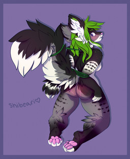 anthro bdsm big_ears blush bondage border bound breasts collar eyelashes feet female fluffy fluffy_tail freckles fur green_hair hair light looking_back multicolored_body multicolored_fur pawpads paws piercing purple_background purple_eyes rear_view restraints rope rope_bondage rope_harness simple_background solo spank_marks spots submissive tail whip_mark shibeari lucy_(ilusan) 2015 absurd_res digital_drawing_(artwork) digital_media_(artwork) hi_res lighting