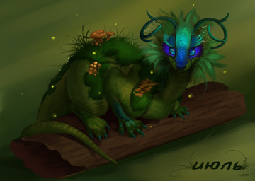 ambiguous_gender blue_eyes claws feral fungus fur green_body green_skin horn log moss plant scales solo tail text wood akineza mythology dragon elemental_creature fungi_fauna furred_dragon furred_scalie hybrid mythological_creature mythological_scalie scalie 2017 digital_media_(artwork) hi_res russian_text