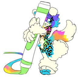 :3 after_transformation anthro balls blue_penis eyelashes flaccid fluffy fur genitals gradient_fur hair holding_object male male_anthro marker multicolored_body multicolored_fur multicolored_hair navel nude_anthro nude_male pawpads penis simple_background sparklefur tail popstick canid canine canis domestic_dog mammal 2025 hi_res