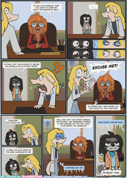 anthro asylum clothing coat cutlery dialogue doctor eyewear female glasses greeting group hospital kitchen_utensils lab_coat male medical spoon text tools topwear trio the_padded_room the_treachery_of_images esmeralda_kingsley ludivine_laminelle canid canine echidna mammal monotreme procyonid raccoon absurd_res comic english_text hi_res
